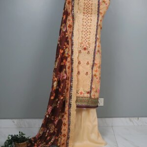 Tawakkal Inspired luxury Lawn 3-Piece Suit (Peach Brown) - Image 2