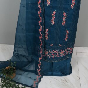Pakistani Inspired Premium Tissue Dress - Deep Blue/ Teal - Image 4