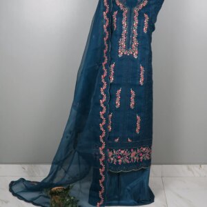 Pakistani Inspired Premium Tissue Dress - Deep Blue/ Teal - Image 2
