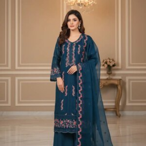 Pakistani Inspired Premium Tissue Dress - Deep Blue/ Teal