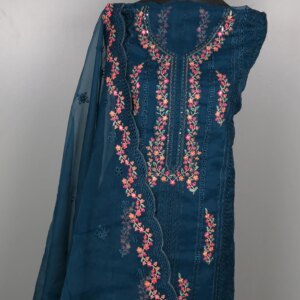 Pakistani Inspired Premium Tissue Dress - Deep Blue/ Teal - Image 3