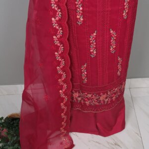 Pakistani Inspired Premium Tissue Dress - Deep Magenta - Image 3