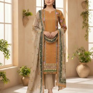 Tawakkal Inspired luxury Lawn 3-Piece Suit (Golden Brown)