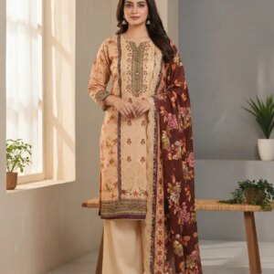 Tawakkal Inspired luxury Lawn 3-Piece Suit (Peach Brown)